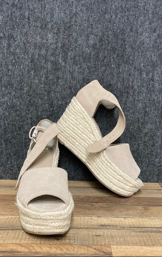 Marc Fisher Vetina Beige Faux Leather Ankle Strap Wedge Sandals Size 10
