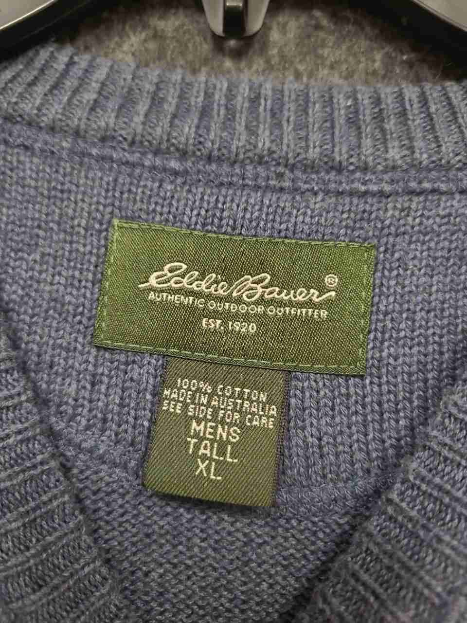 Eddie Bauer Men's Blue Crewneck Cotton Knit V-Stitch Sweater Tall Sz XL