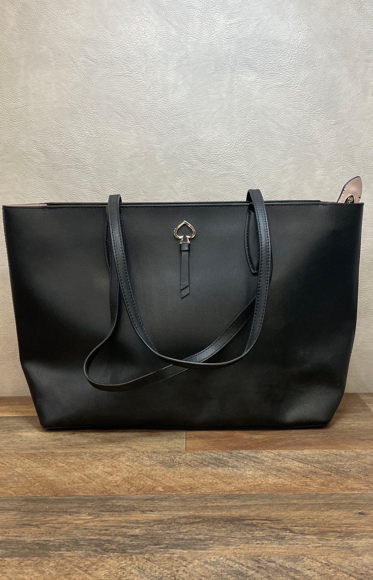 Kate Spade Black Leather Large Tote Bag Heart Spade Clasp Gold Hardware