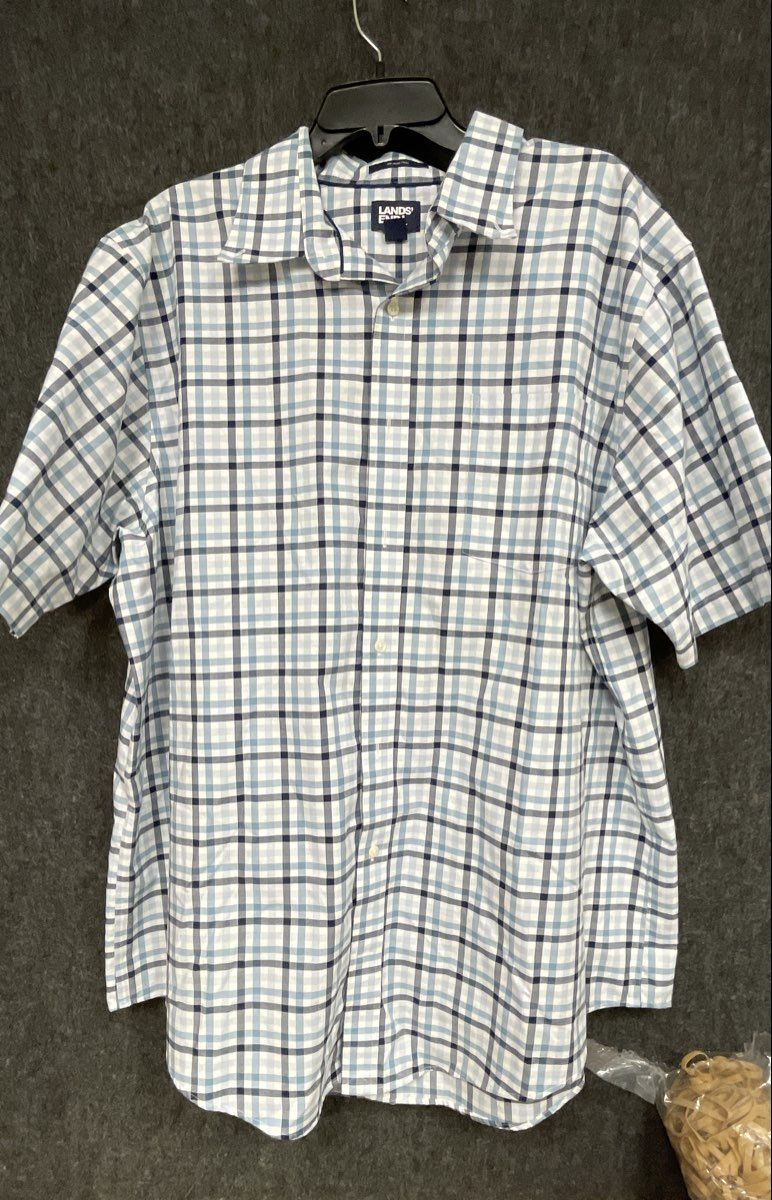 Lands' End Men's Blue White Plaid No Iron Twill Button Down Shirt Sz 2XL Tall