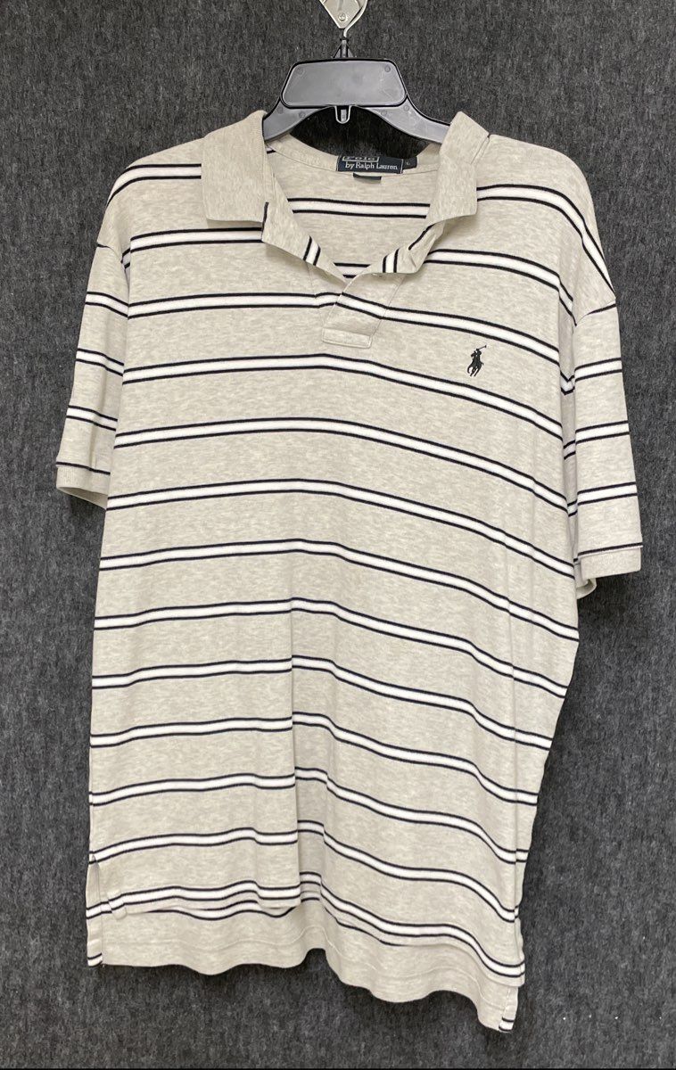 Vintage 90s Polo Ralph Lauren Men's Grey Striped Cotton Polo Shirt Sz L
