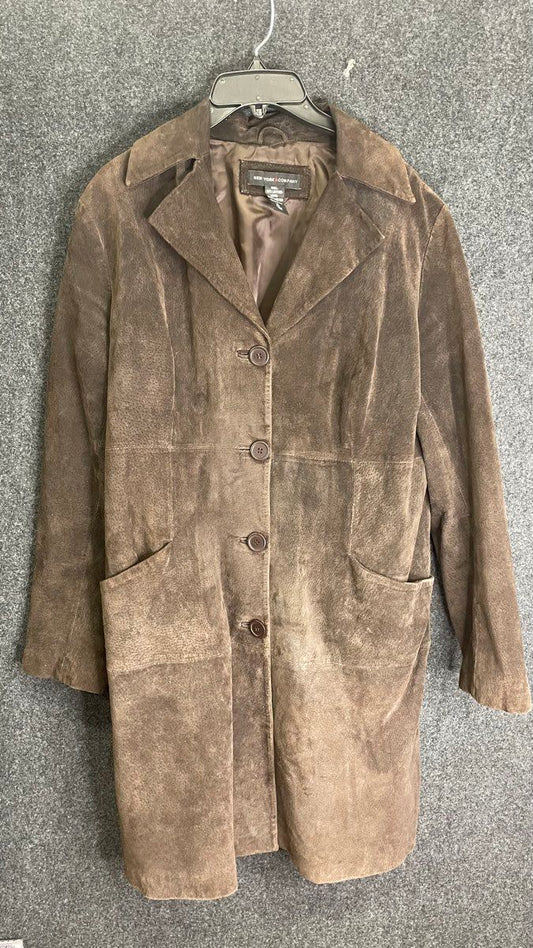 New York & Company Women's Brown Suede Leather 4-Button Car Coat Jacket Sz XL