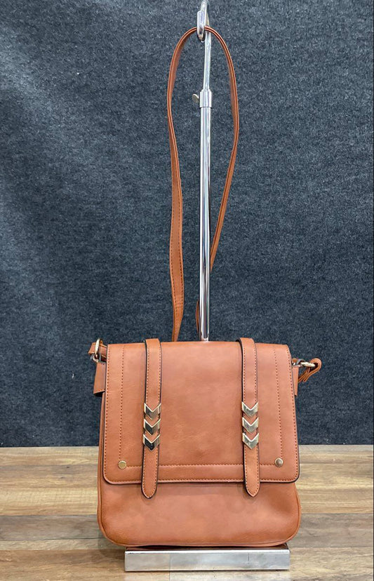 Brown Faux Leather Gold Chevron Crossbody Shoulder Bag Satchel Flap Purse