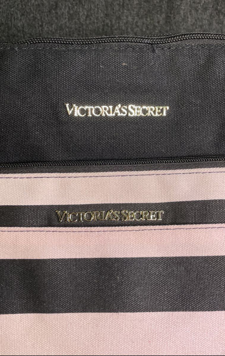 Victoria's Secret Pink Black Striped Canvas Large Tote Bag with Pouch Set NWT