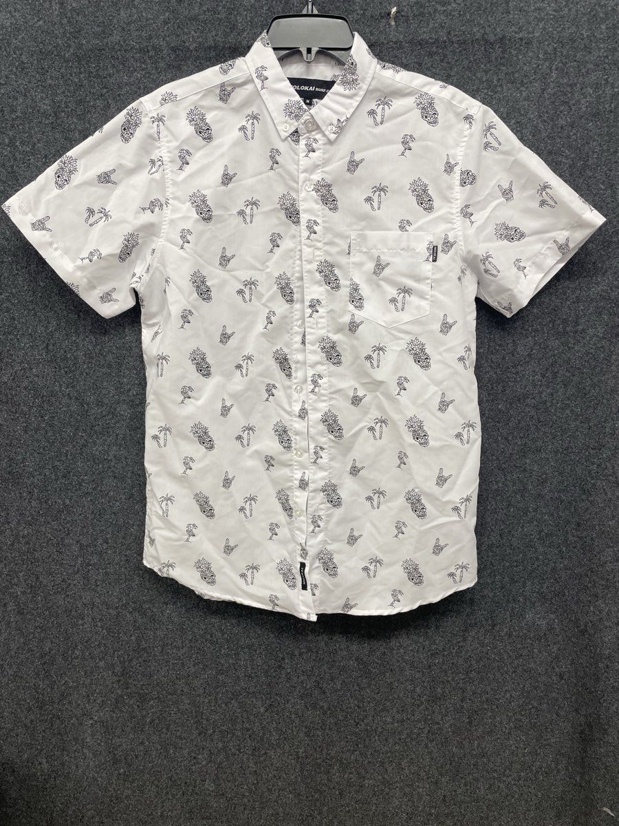 Molokai Surf Co. Men's White Graphic Short Sleeve Button Up Shirt Pineapple Sz M