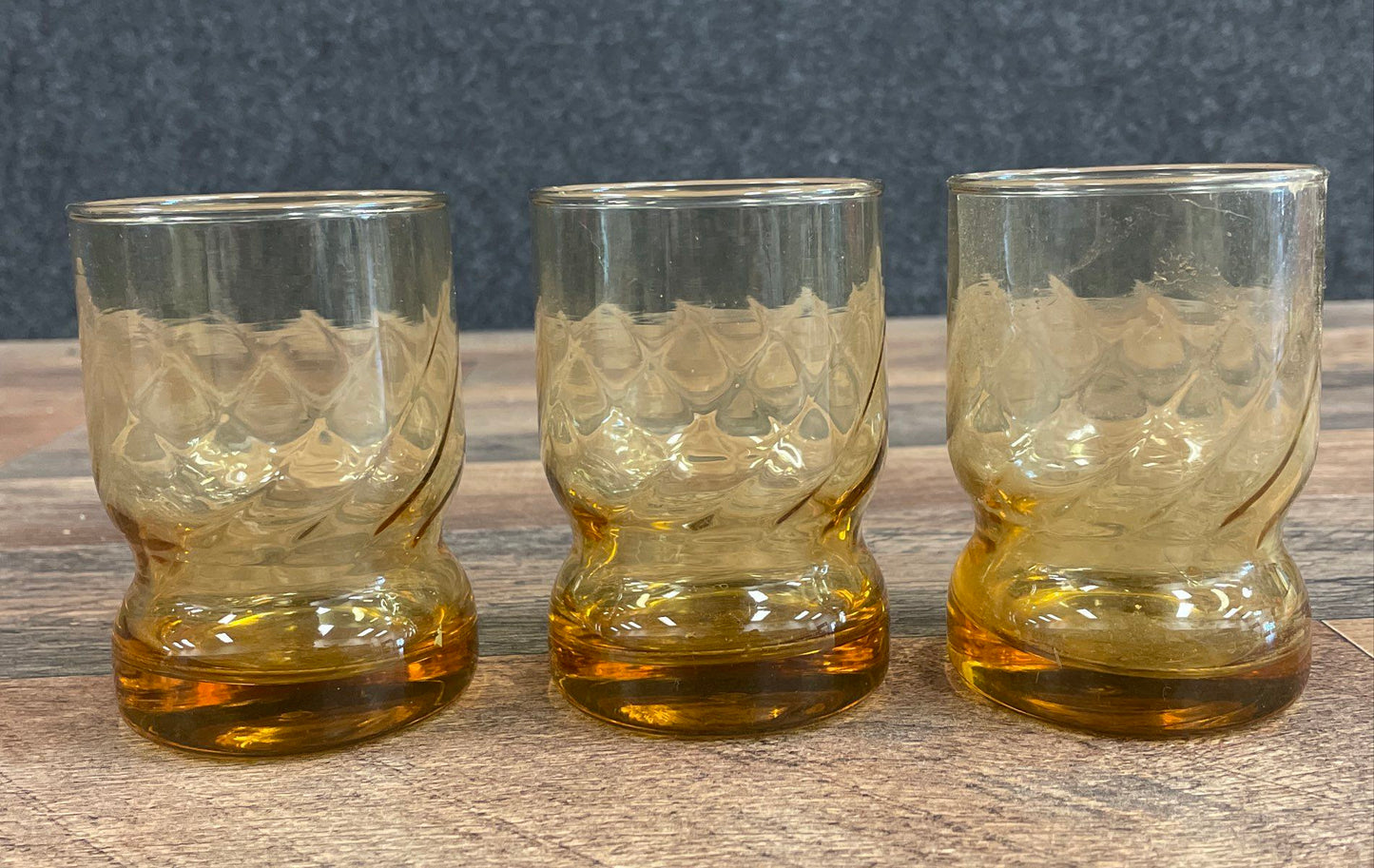 L.E. Smith Amber Glass Juice Tumblers 3 Piece Set Pinwheel Swirl Pattern 3.5"