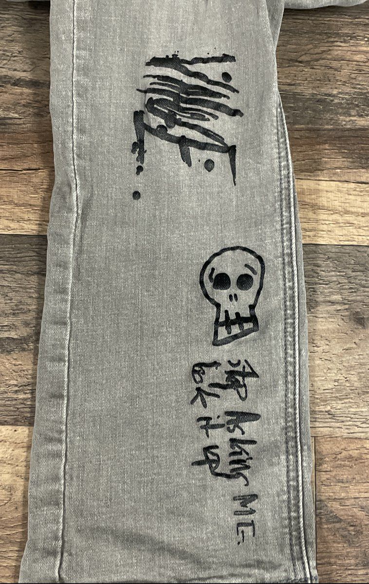Ninth Hall Men's Rogue Jeans Grey Graffiti Graphic Distressed Skinny Sz 34
