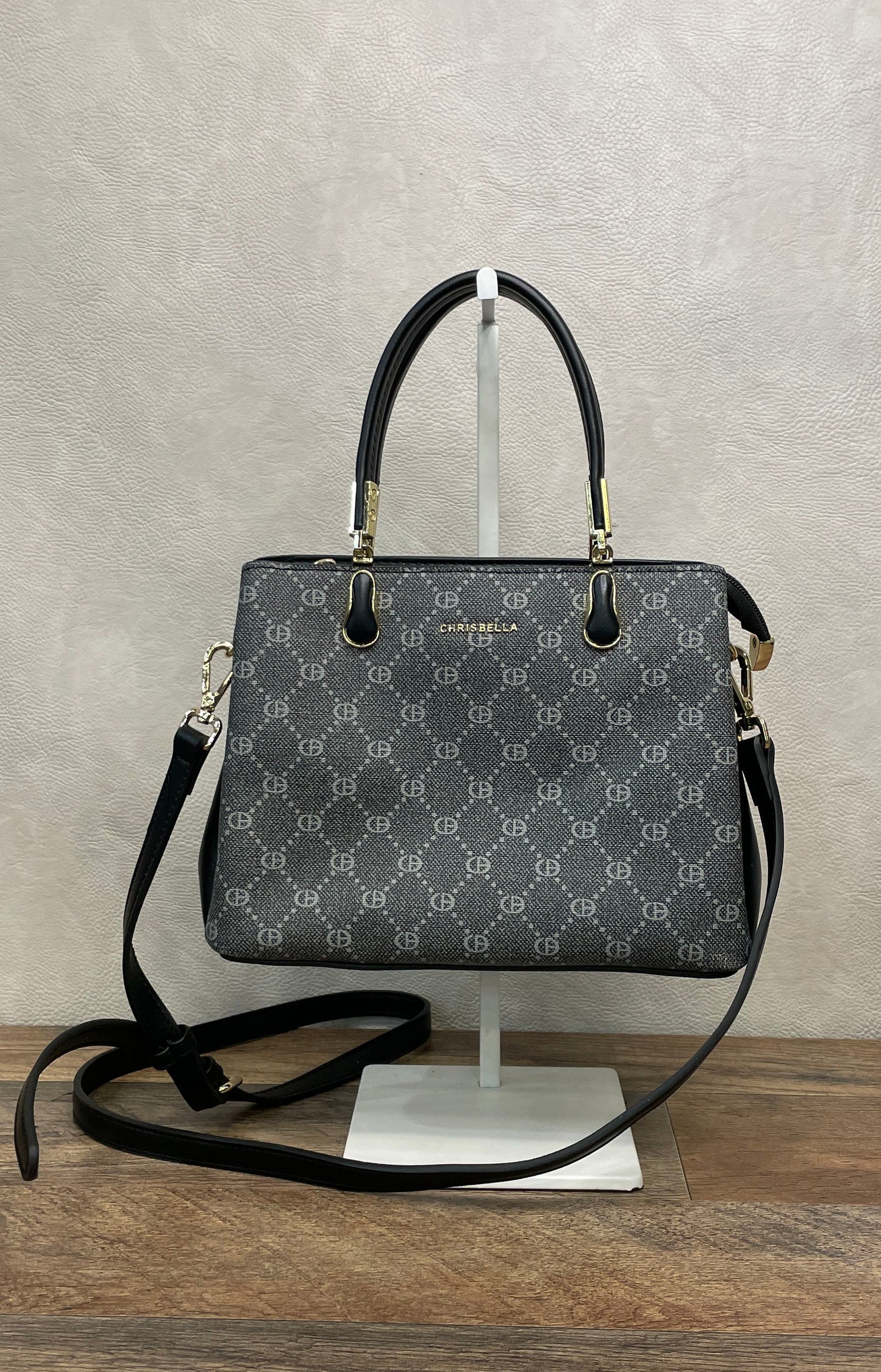 Chrisbella Gray Monogram Satchel Handbag Black Trim Gold Hardware Crossbody