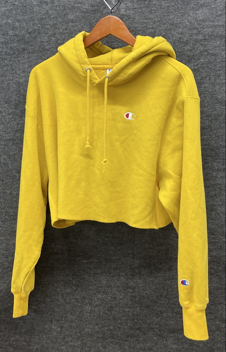 Champion Women's Yellow Reverse Weave Raw Hem Crop Top Hoodie Sz L
