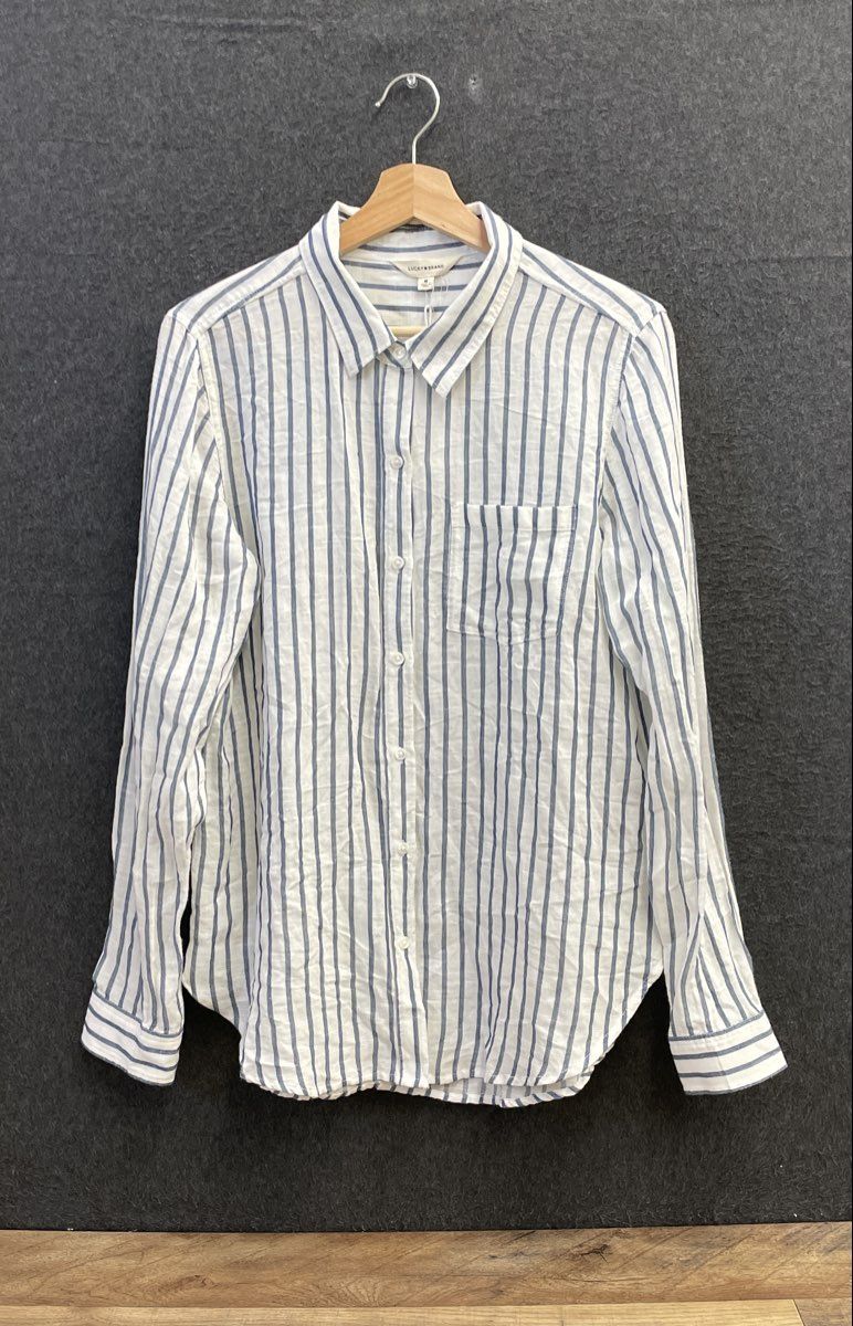 Lucky Brand Women's Blue White Striped Cotton Modal Button Down Shirt NWT Sz M