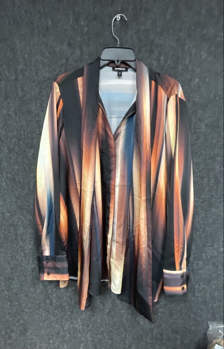 Express Women's Multicolor Tie Neck Scarf Collar Ombre Stripe Blouse Sz XL