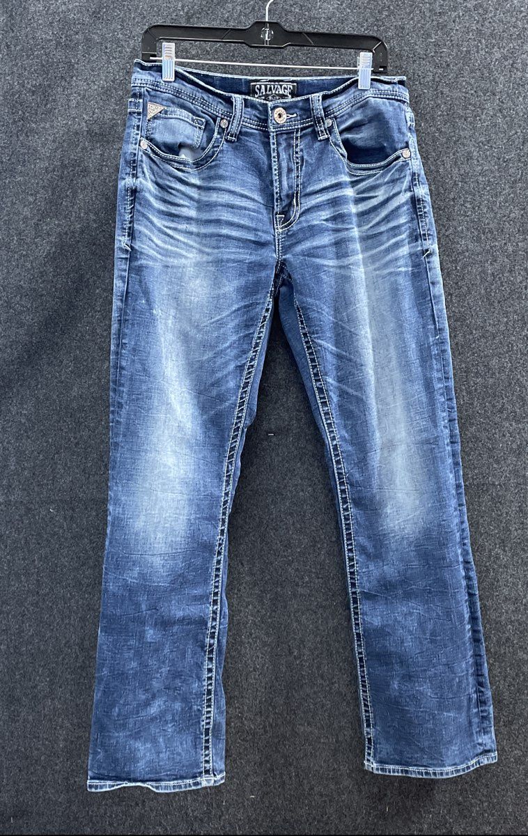 Salvage Men's Mayhem Boot Regular Fit Blue Jeans Whiskered Buckle Exclusive Sz S