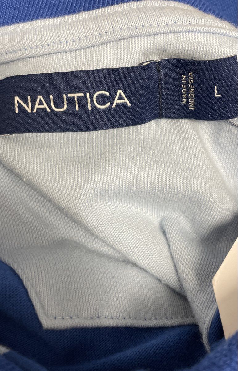 Nautica Men's Blue Striped Short Sleeve Cotton Blend Polo Shirt Sz L