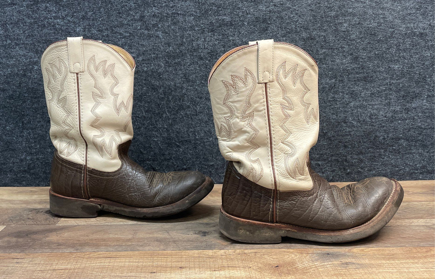 Two-Tone Leather Western Cowboy Boots Cream Brown Pebbled Vamp Men's Size 10