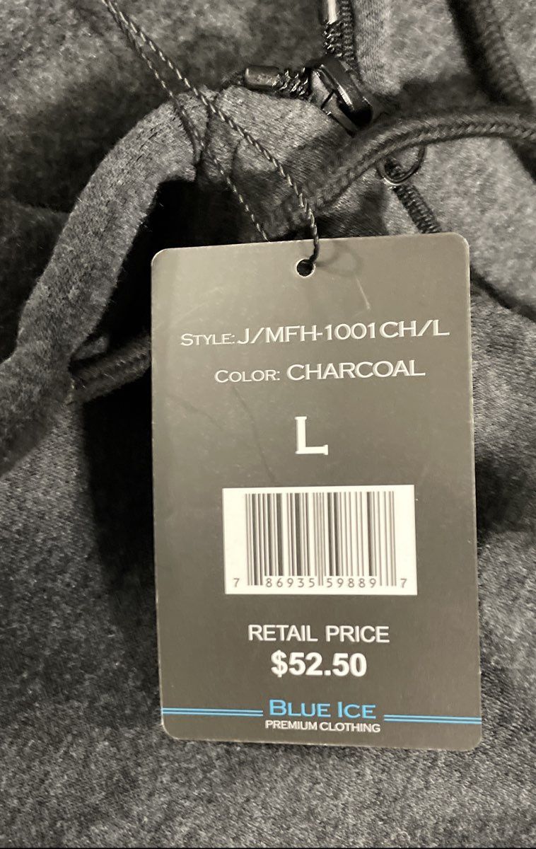 Blue Ice Men's Full Zip Hoodie Charcoal Grey MFH-1001CH Fleece Size L NWT
