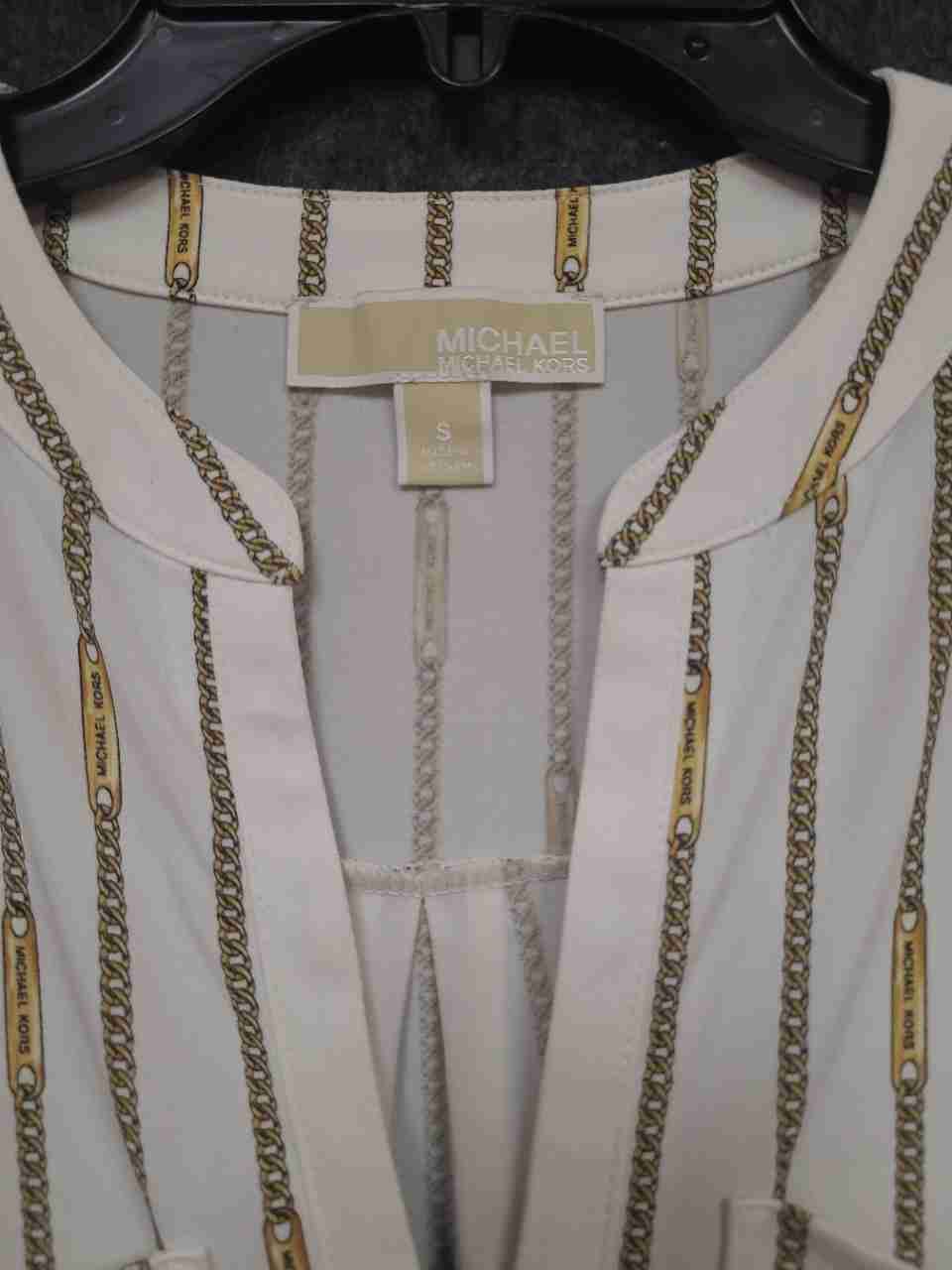 Michael Kors Women's White Chain Link Print Zipper V-Neck Blouse Tunic Sz S