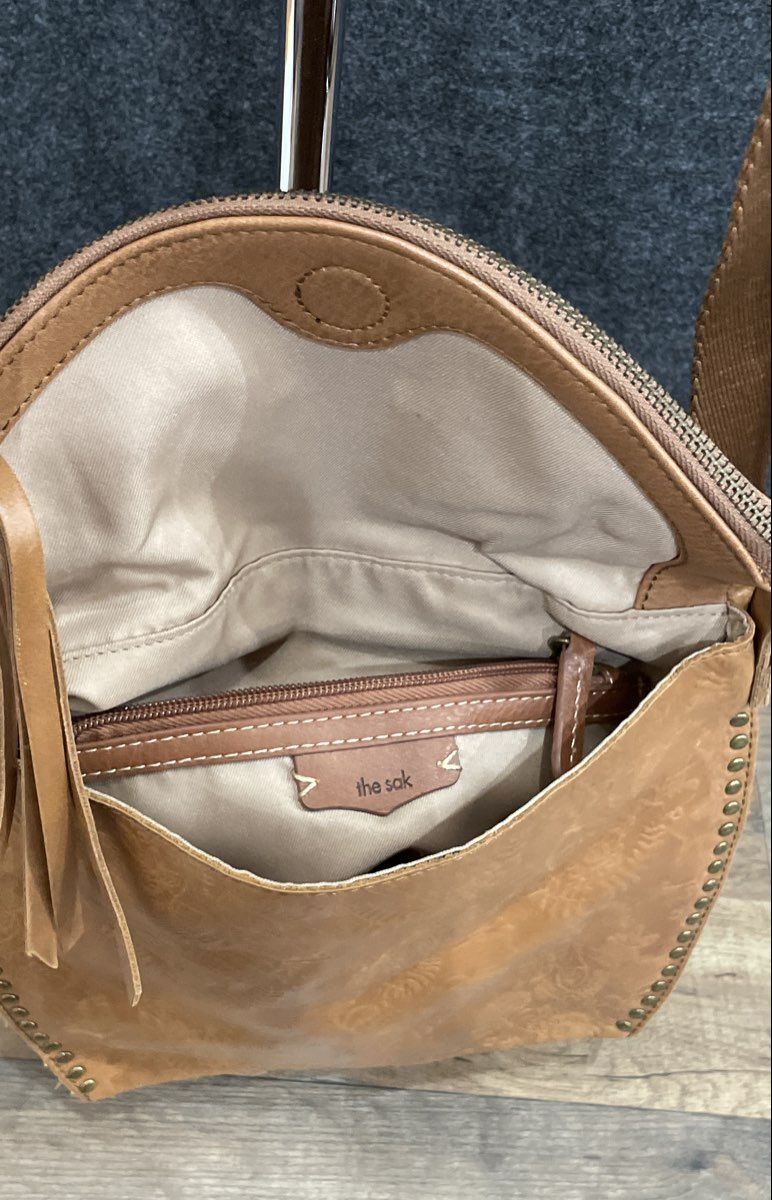 The Sak Tan Floral Embossed Leather Silverlake Flap Crossbody Bag Studded