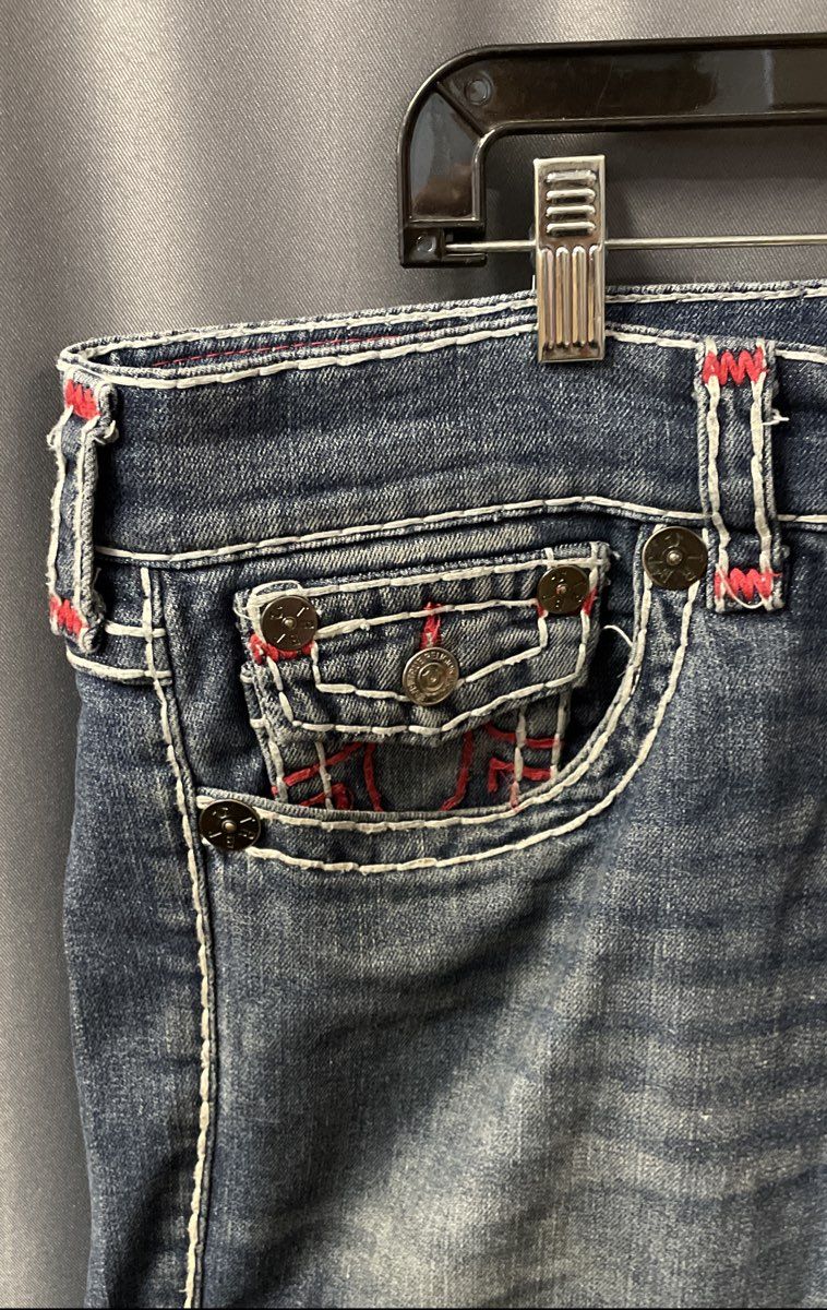 True Religion Men's Ricky Relaxed Straight Blue Jeans Super T Contrast Sz 34