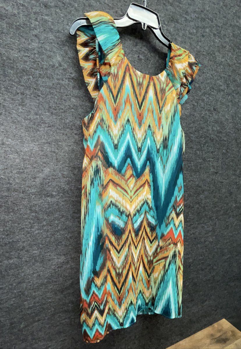 Rabbit Rabbit Designs Women's Multicolor Chevron Ikat Ruffle Cap Sleeve Dress 12