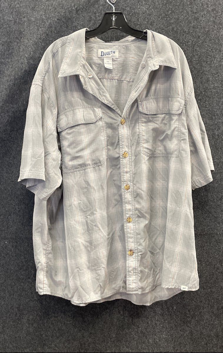 Duluth Men's Grey Plaid Short Sleeve Untucked Relaxed Fit Shirt Sz 2XL
