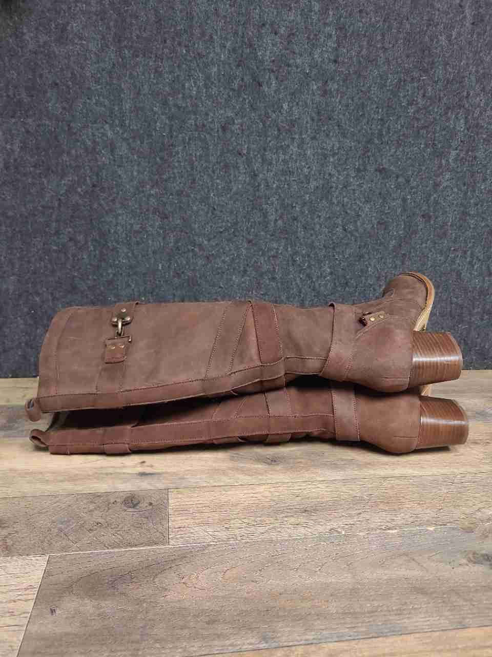Not Rated Brown Faux Suede Tall Strappy Boots Brass Club Buckle Womens Size 9M
