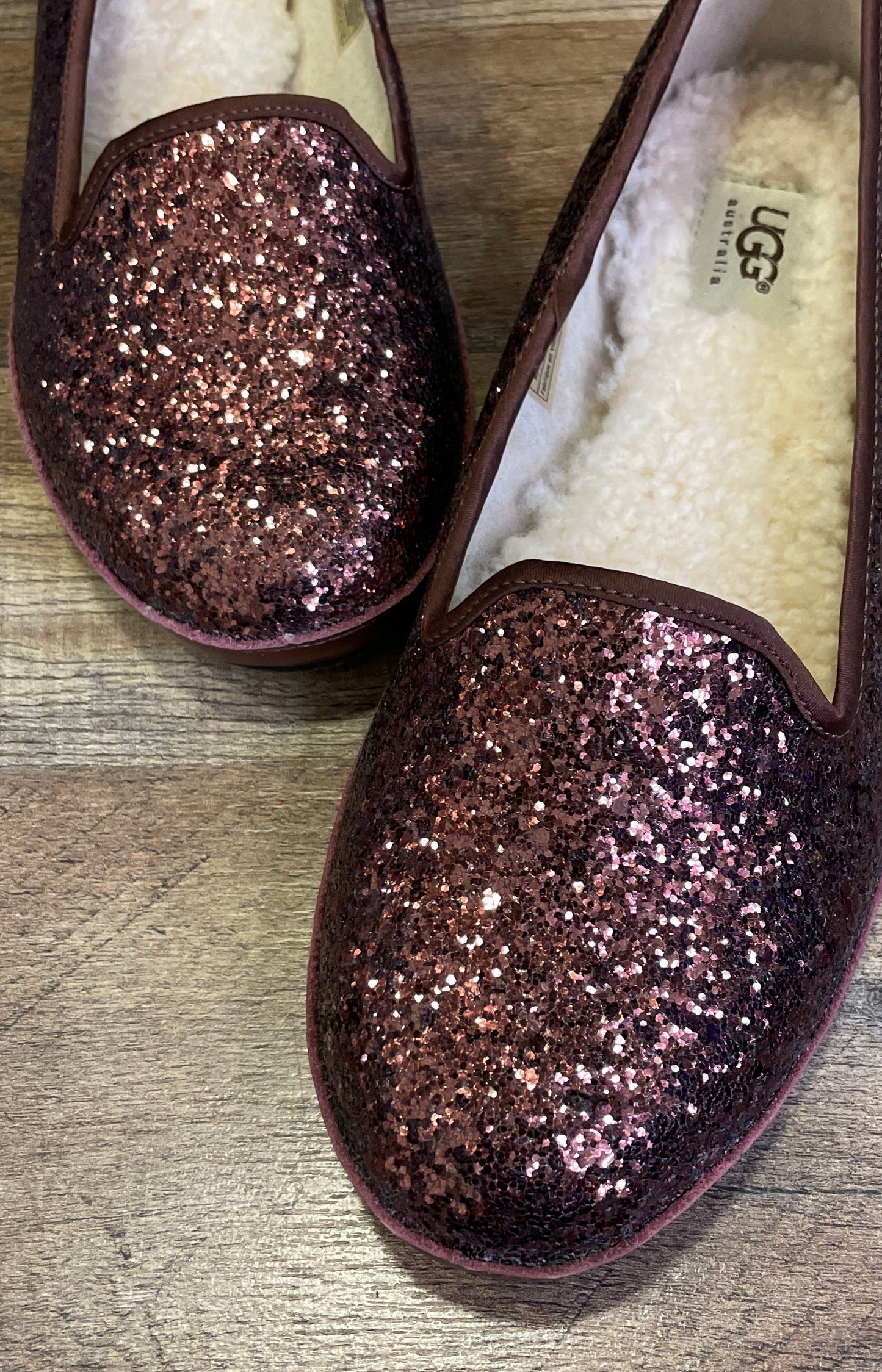 UGG Alloway Glitter Bronze Rose Gold Smoking Flat Loafers Women's Size 8