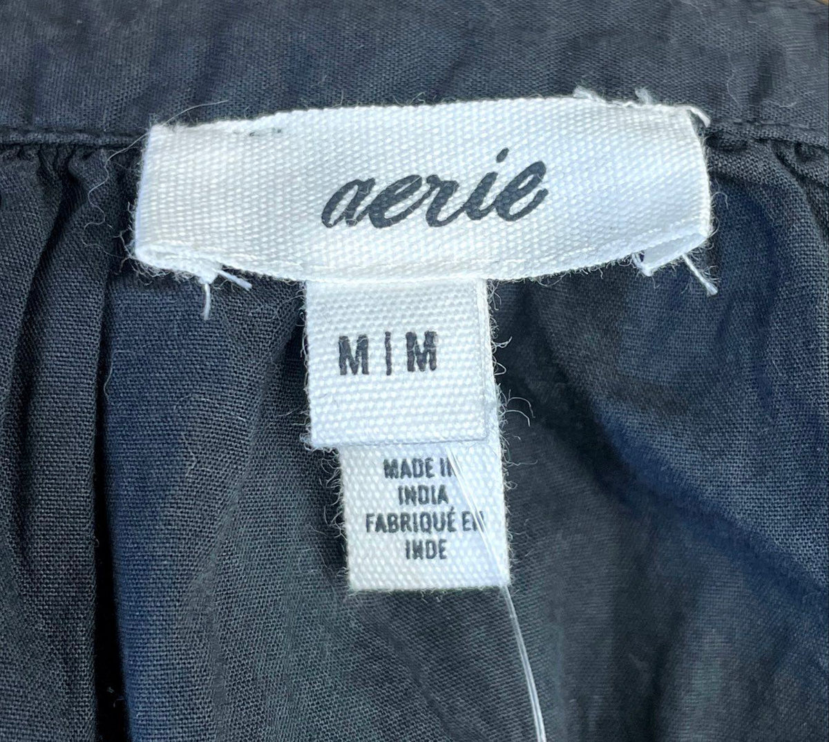 Aerie Women's Lace Detail Blouse Charcoal Gray Tie Front Long Sleeve Sz M NWT