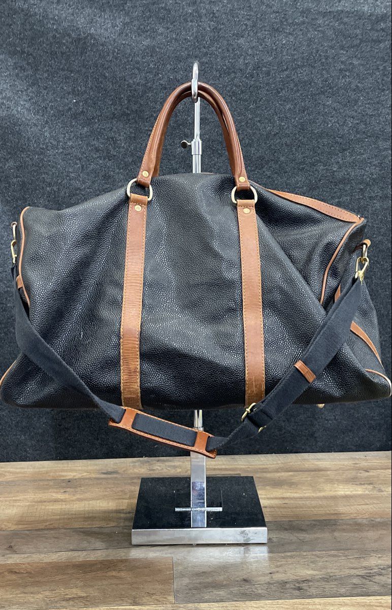 Toscano Black Pebbled Weekender Duffel Tote Bag Large Tan Leather Trim