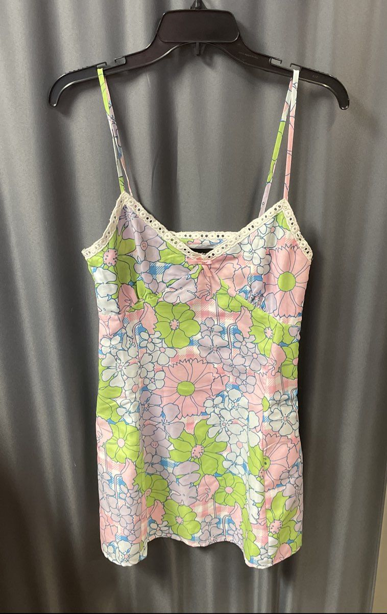 New Girl Order Women's Floral Slip Dress Pink Green Gingham Lace Trim Sz 10