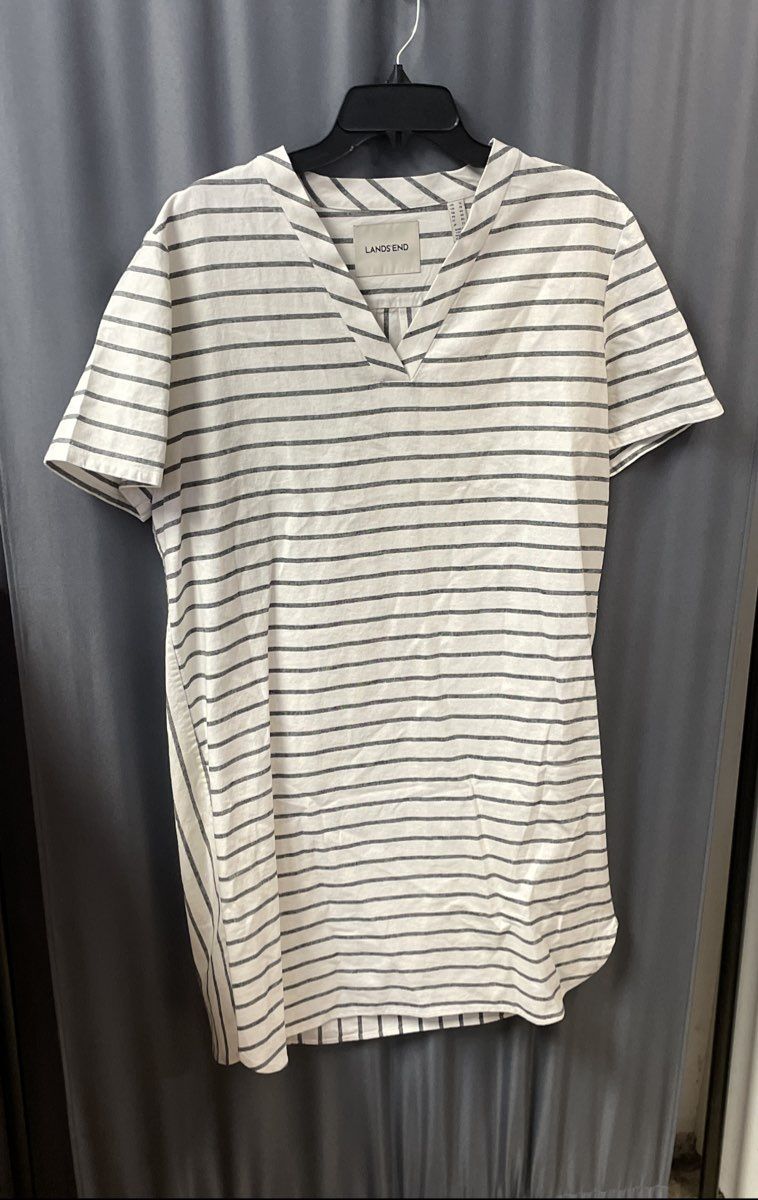 Land's End Women's Striped Cotton Linen V-Neck Short Sleeve Shift Dress Sz 16