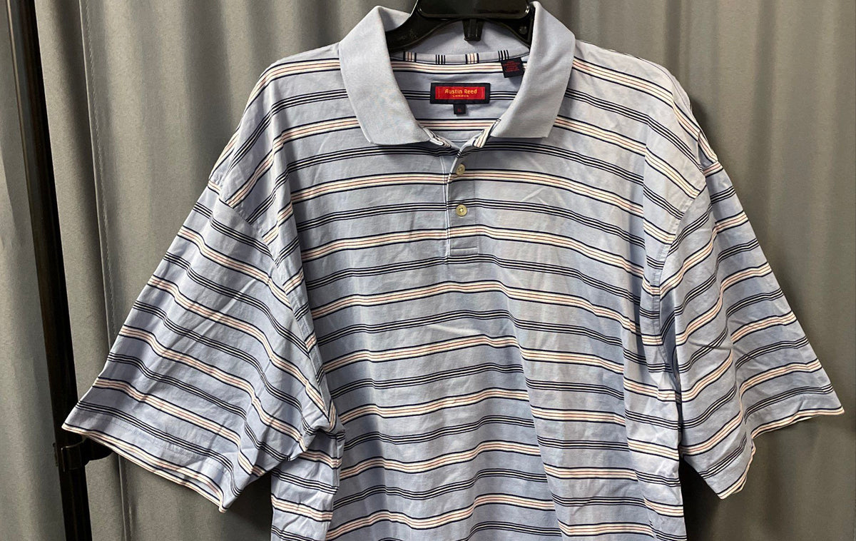 Austin Reed Men's Blue Striped Mercerized Cotton Short Sleeve Polo Shirt Sz XL