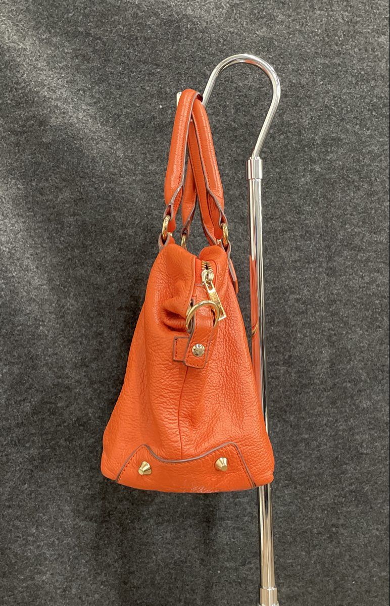 Ora Delphine Orange Pebbled Leather Satchel Handbag Gold Studs