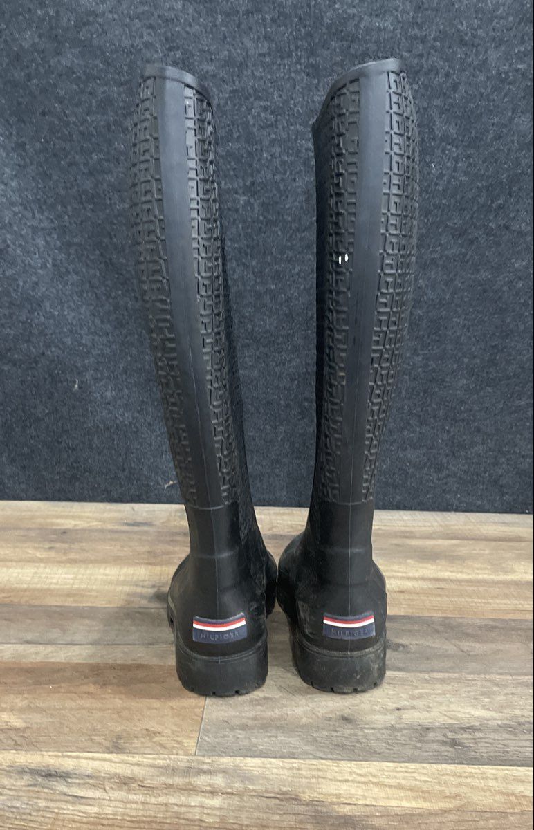 Tommy Hilfiger Wraindrop Black Monogram Knee High Rain Boots Women's Size L
