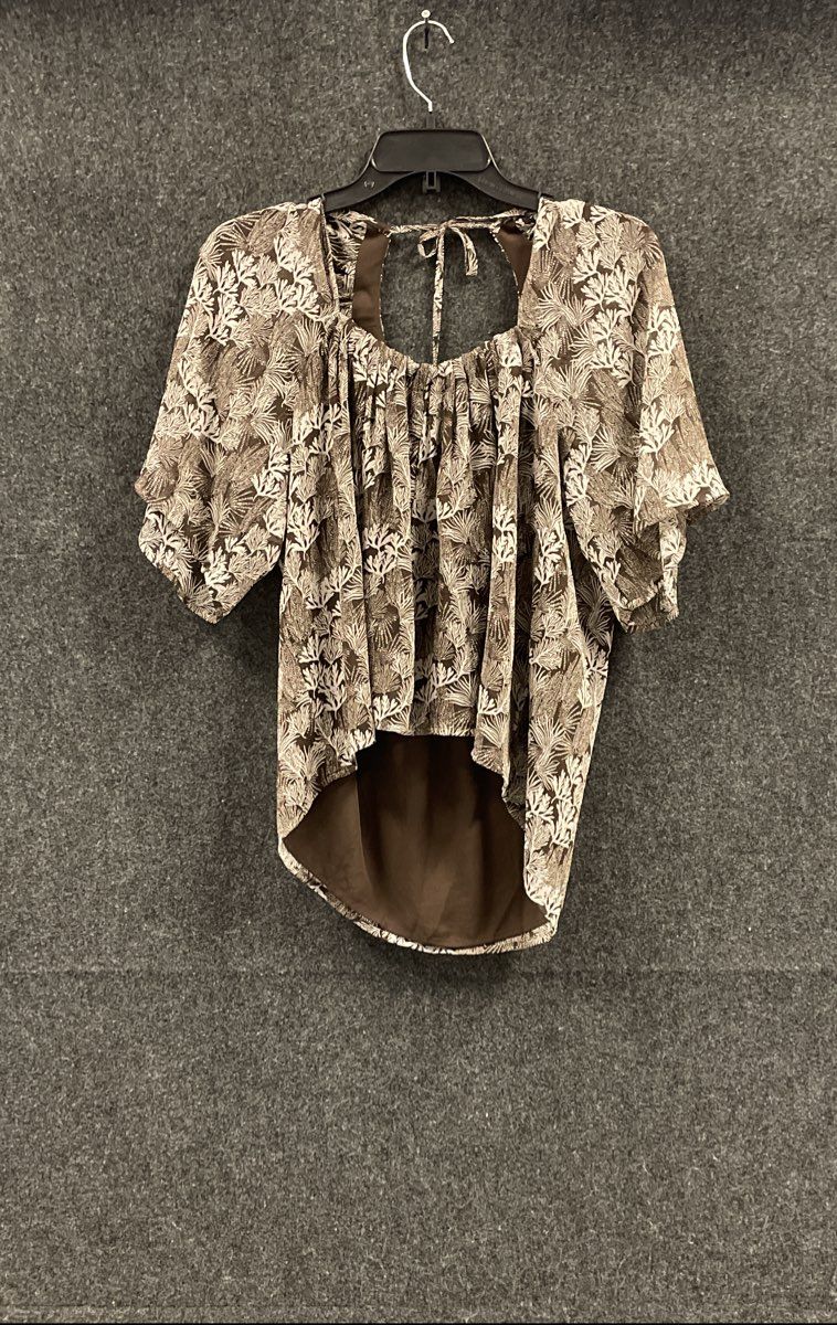 Loft Women's Brown Botanical Print Keyhole Tie Blouse Curved Hem NWT Sz L