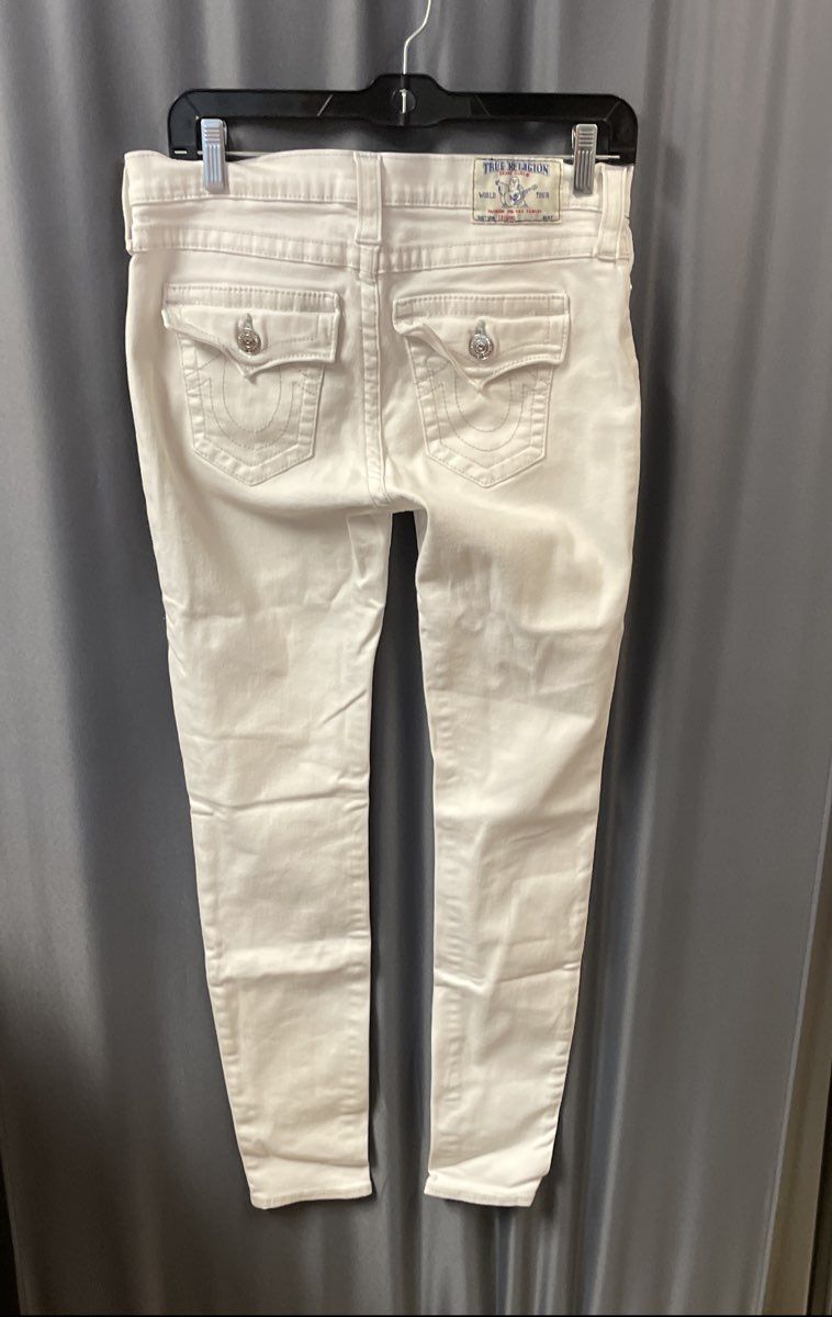 True Religion Women's White Skinny Legging Jeans Flap Pocket Horseshoe Sz 29