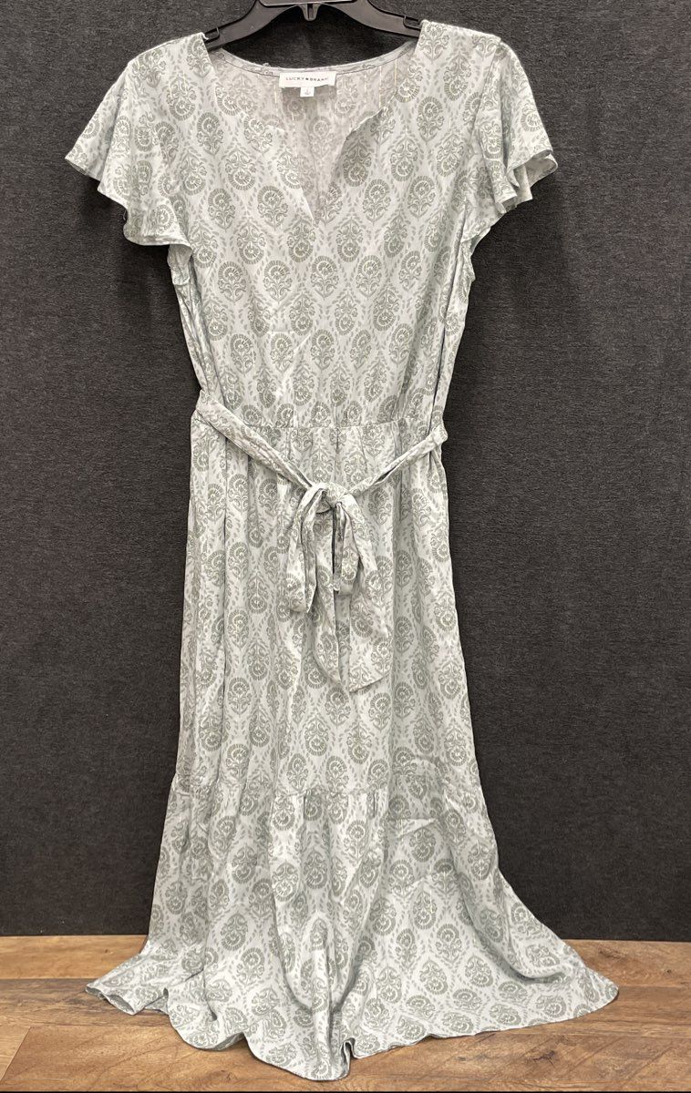 Lucky Brand Women's Dress Sage Green Gold Metallic Paisley Maxi Tiered Sz L