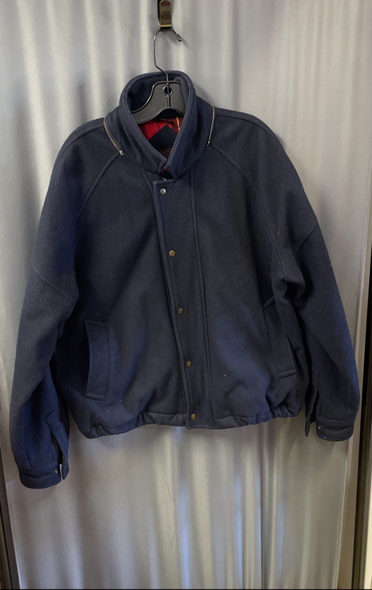 Vintage 90s Caynes Men's Navy Blue Wool Blend Plaid Lined Bomber Coat Sz L/XL