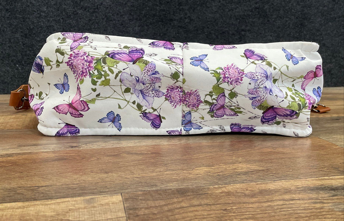 White Floral Butterfly Fabric Tote Bag Large Crossbody Shoulder Purse