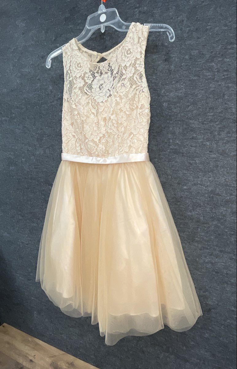 Women's Gold Champagne Lace Tulle Cocktail Prom Dress Lace Up Back Sz XS