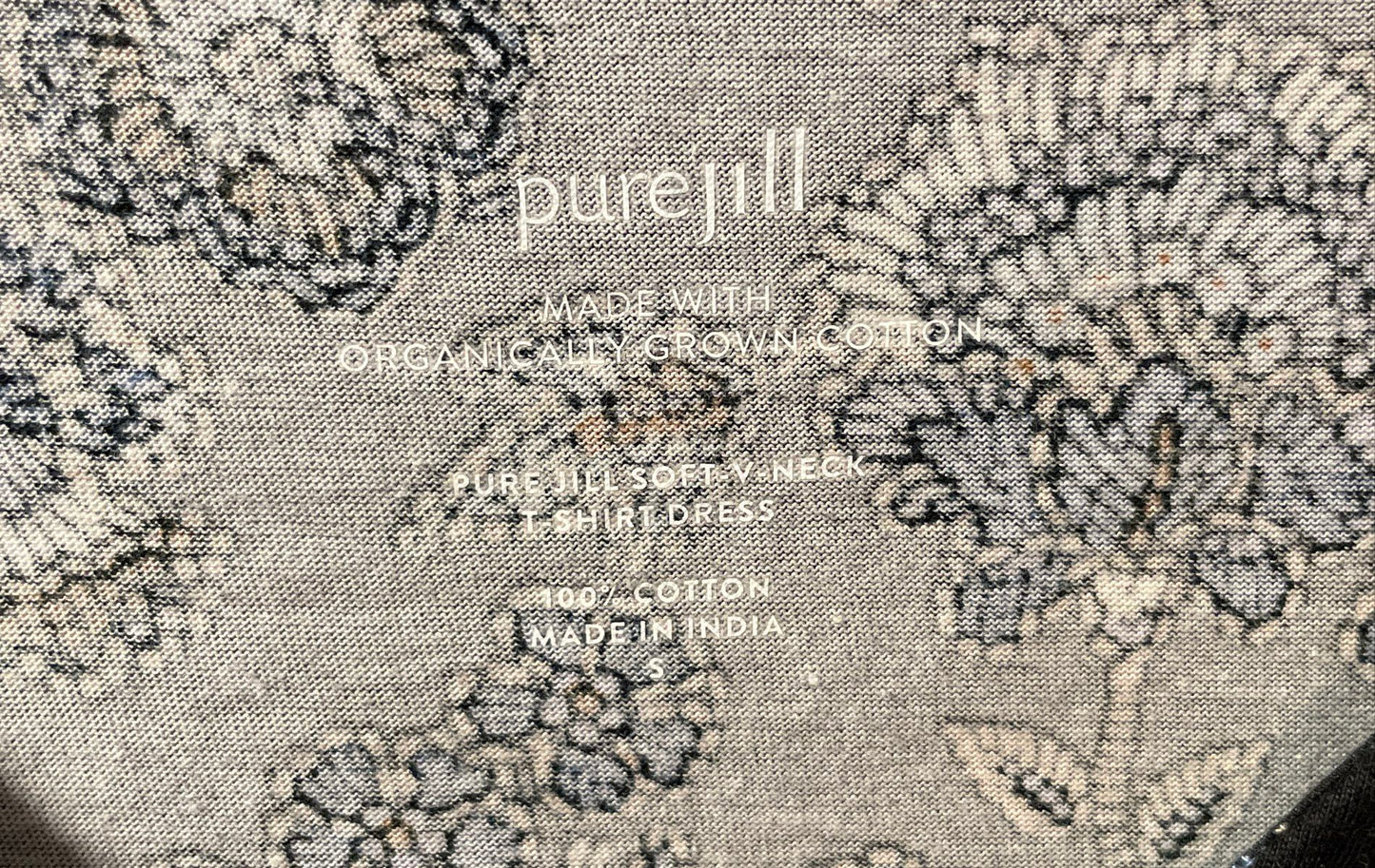 Purejill Women's Black Blue Floral V-Neck Organic Cotton T-Shirt Dress Sz S