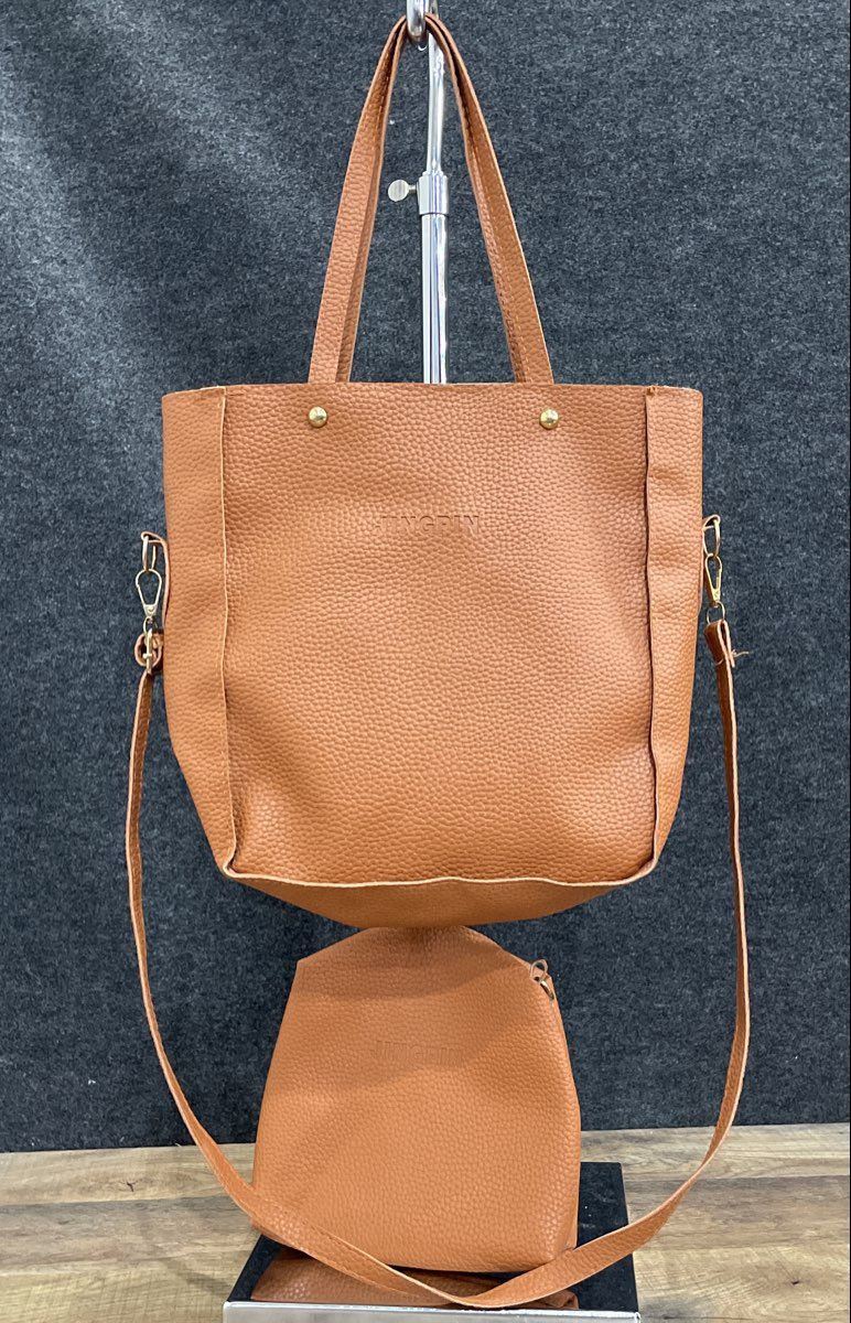 Jingpin Brown Leather Tote Bag & Pouch Set Crossbody Strap Gold Hardware