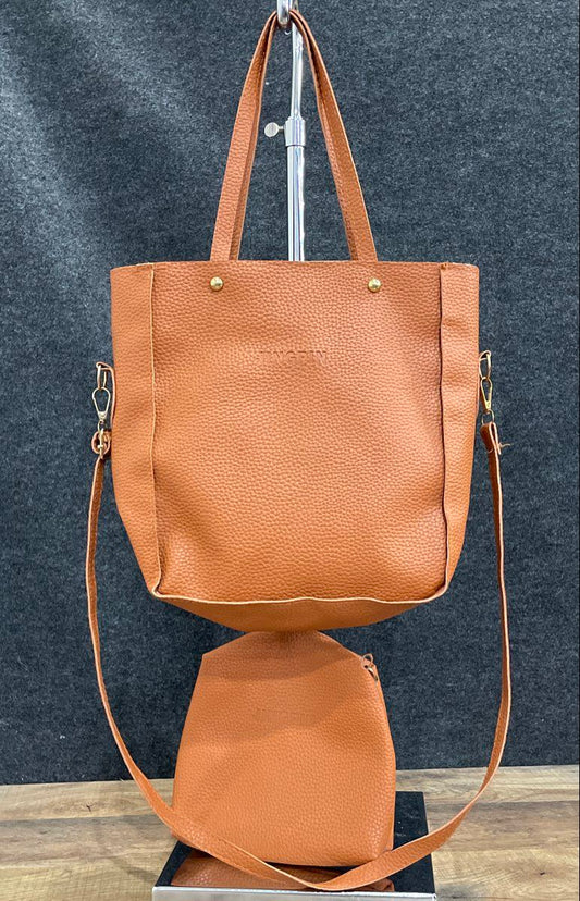 Jingpin Brown Leather Tote Bag & Pouch Set Crossbody Strap Gold Hardware
