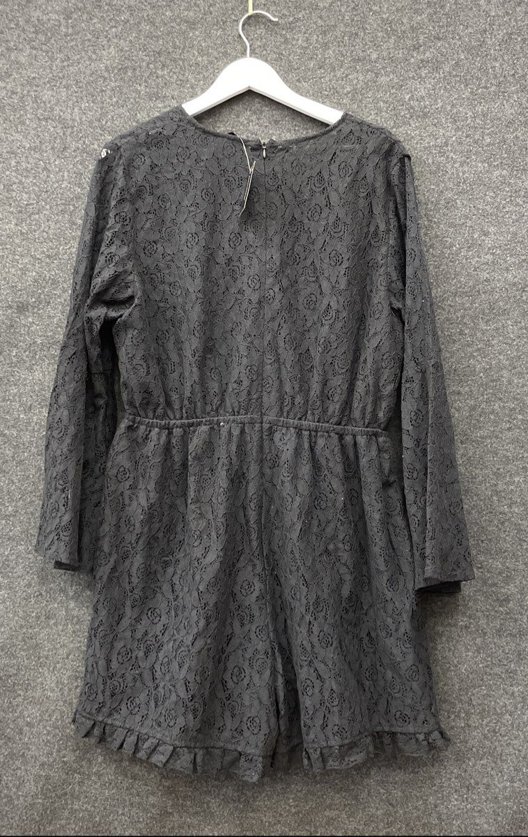 Ashley Stewart Women's Black Lace Surplice Romper Bell Sleeve Ruffle NWT Sz 16