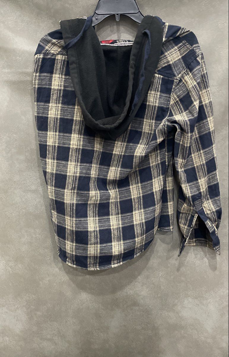 DRL Essentials Men's Blue Tan Plaid Hooded Flannel Shirt Sz S