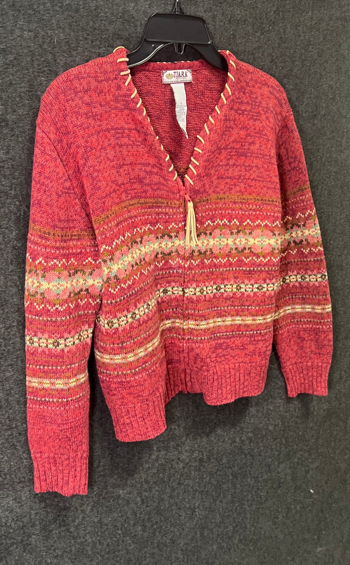 Tiara Petites Women's Red Fair Isle Full Zip Cardigan Sweater Sz PL Vintage Y2K