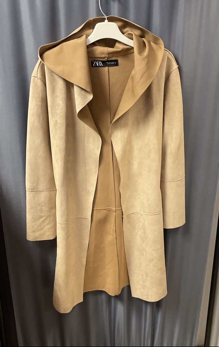 Zara Women's Tan Faux Suede Hooded Open Front Coat Cardigan Sz S Camel