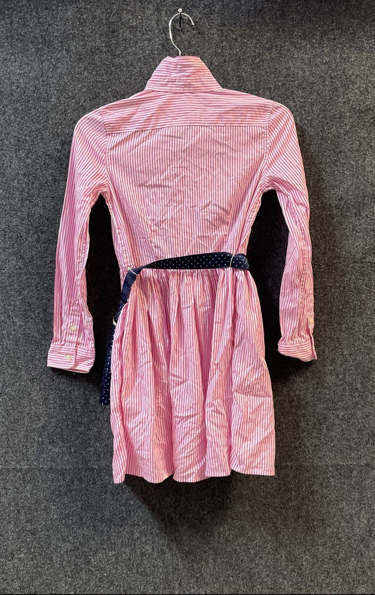 Polo Ralph Lauren Girls Pink White Striped Cotton Belted Shirt Dress Size 12
