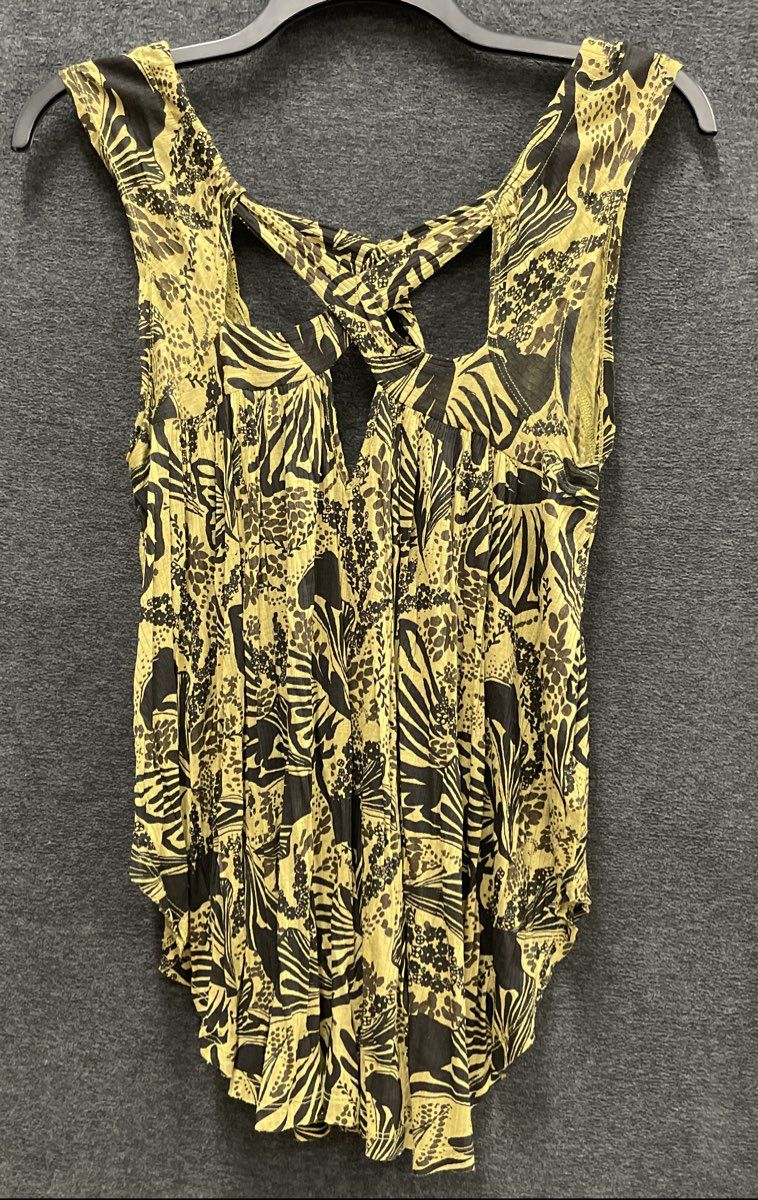 Free People Women's Olive Green Black Abstract Print Cross Back Tank Top Sz M