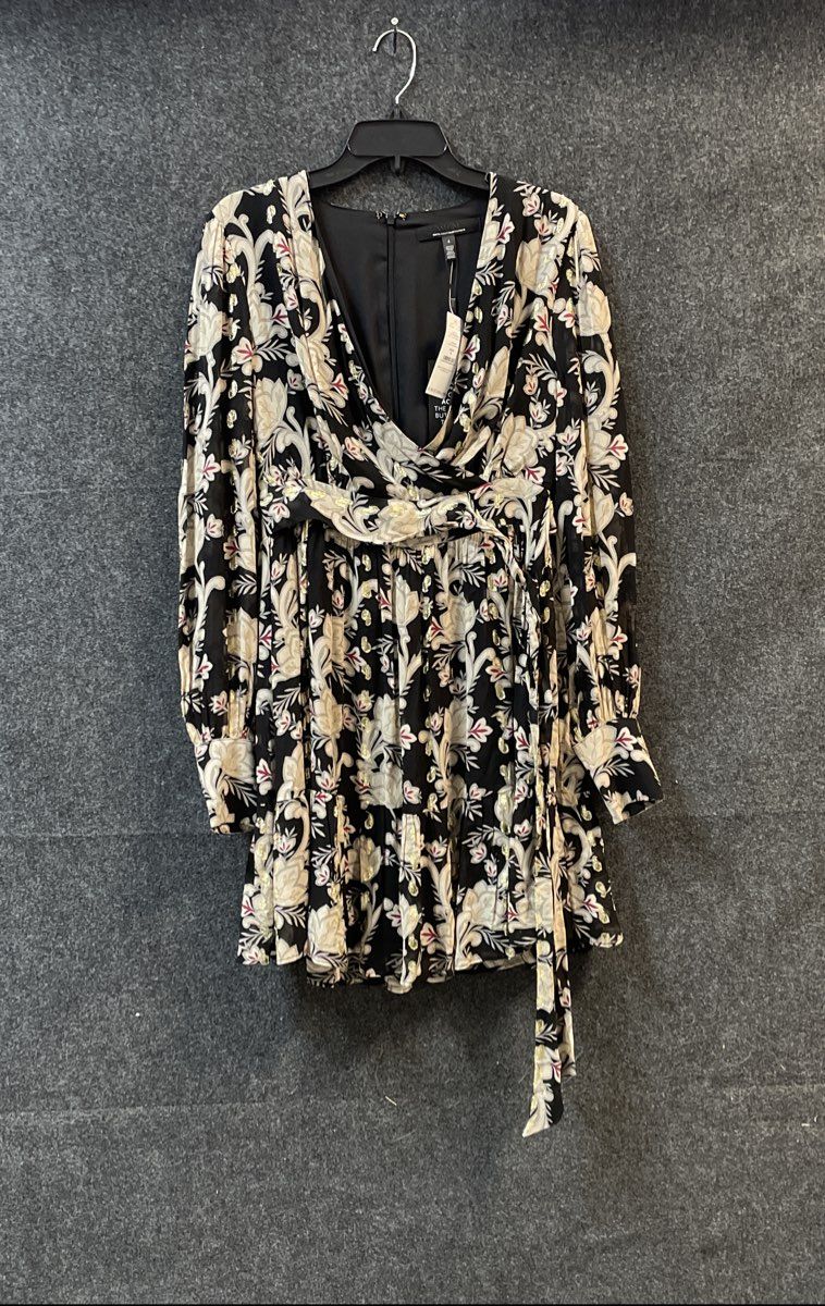 White House Black Market Women's NWT Black Metallic Floral LS Mini Dress Sz 4
