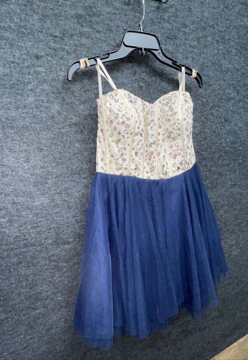 Women's Navy Blue Tulle Homecoming Dress Rhinestone Beaded Corset Bodice Sz M